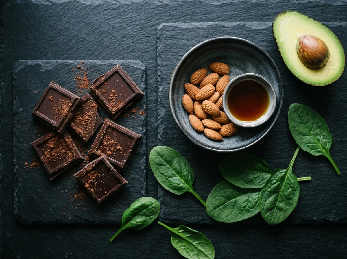 Magnesiumrika livsmedel: mörk choklad, mandel, spenat och avokado